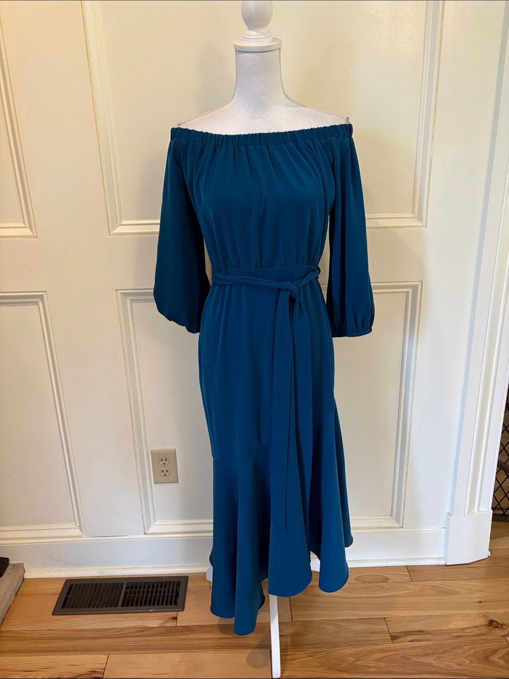Sachin + Babi Teal One-Shoulder (Off-Shoulder) Maxi Dress with Waist Tie